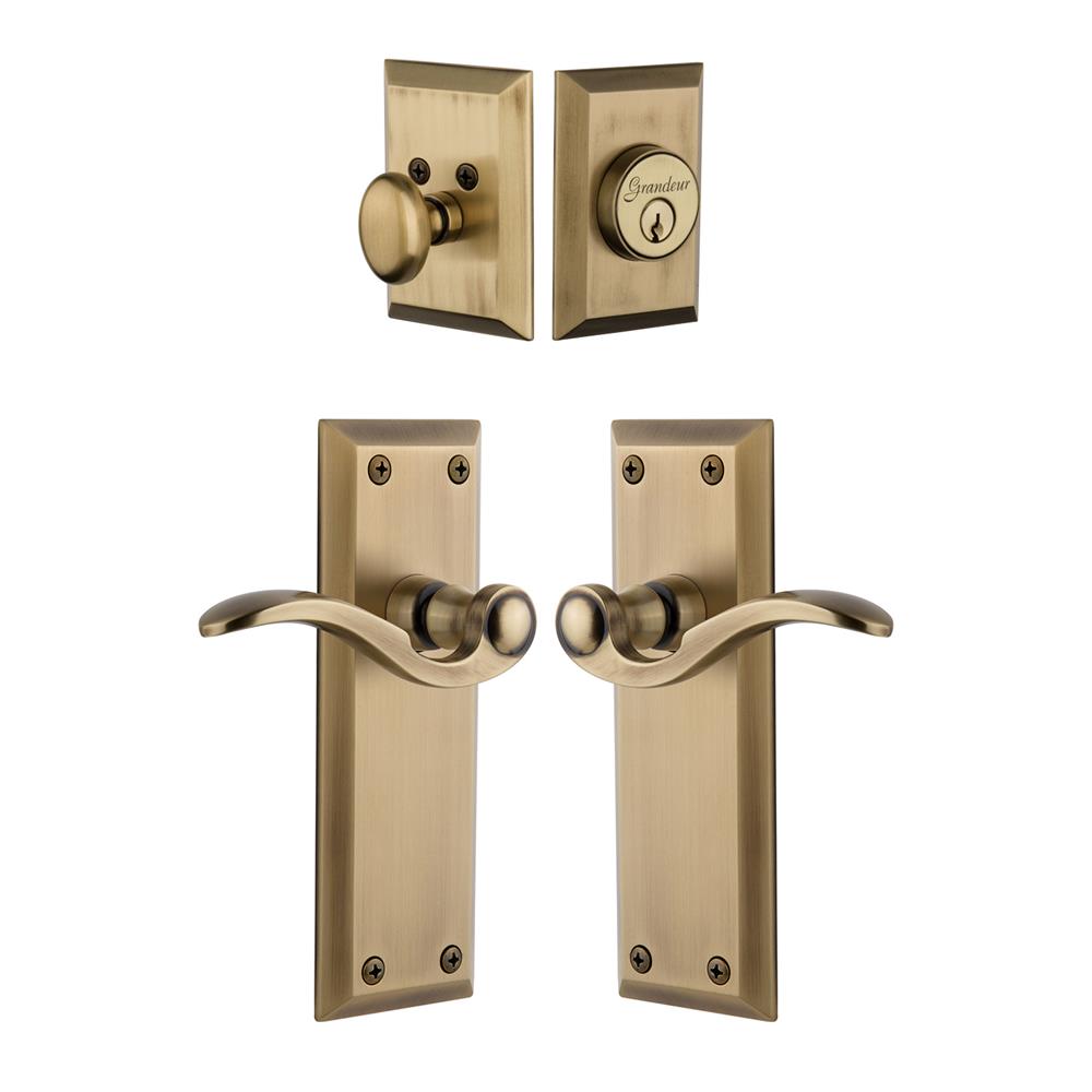 Grandeur by Nostalgic Warehouse Single Cylinder Combo Pack Keyed Differently - Fifth Avenue Plate with Bellagio Lever and Matching Deadbolt in Vintage Brass